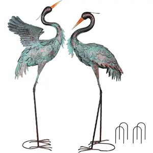 Garden Decor Outdoor Statues, 38"/36" Large Metal Heron Standing Yard Art, Blue Crane Lawn Sculptures Garden Decor for Outside Patio Porch Backyard, Set of 2