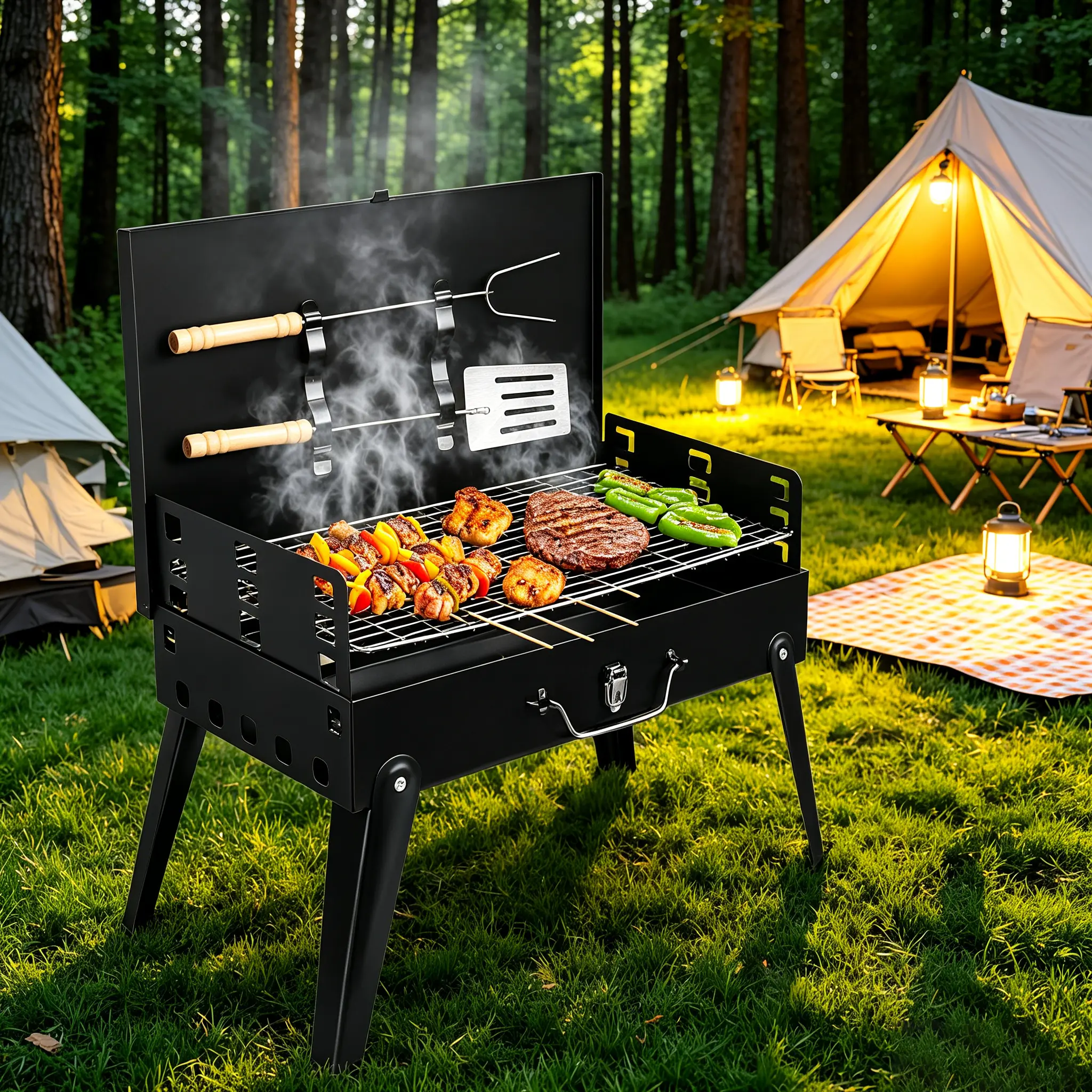 Briefcase-Style Portable Charcoal Grill, Foldable Metal Tabletop BBQ with a Stainless Steel Grate and Tools - Outdoor Grills for Camping, Beach Outings, Birthdays