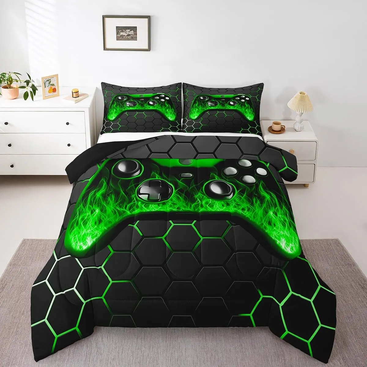 Feelyou Microfiber Gamer Quilted Duvet Set - Honeycomb, Flame Prints (Green Black), U-Stitching, Lightweight Warm, Machine Washable, Low Roll Over Dry, Multi-Size, Set Includes Core Pieces, RV Friendly, Guest Room Use, Gamer Gift for Boys