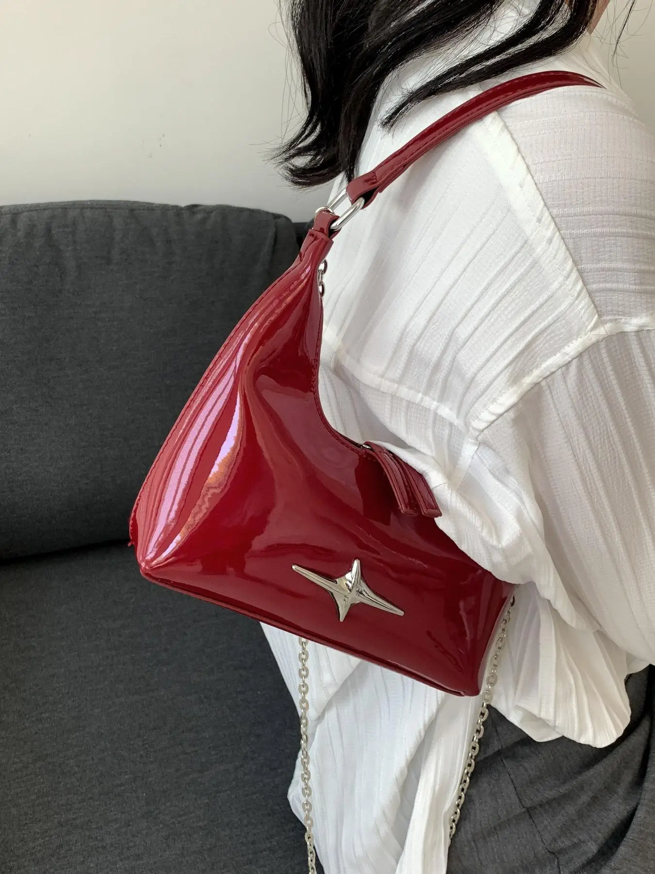 Women's Fashionable Solid Color Shoulder Bag, Simple Plain Star Decorated Buckle Chain Decor Underarm Bag, Trendy Hobo Dumpling Bag, Chain Strap, Vale