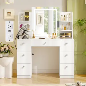 【Assembly video available】VOWNER Modern 55" Tall Makeup Vanity Table Set with 3 Color Lighted Mirror 7 Drawers & Outlet Gift 【Assembly video available】VOWNER Modern 55" Tall Makeup Vanity Table Set with 3 Color Lighted Mirror 7 Drawers & Outlet Gift