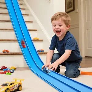 Kids Bendable Race Car Track Set, Dual-Sided Tracks Fit 4 Cars, Portable Roll-Up Design, Blue Colors, Birthday Gift for Boys & Girls