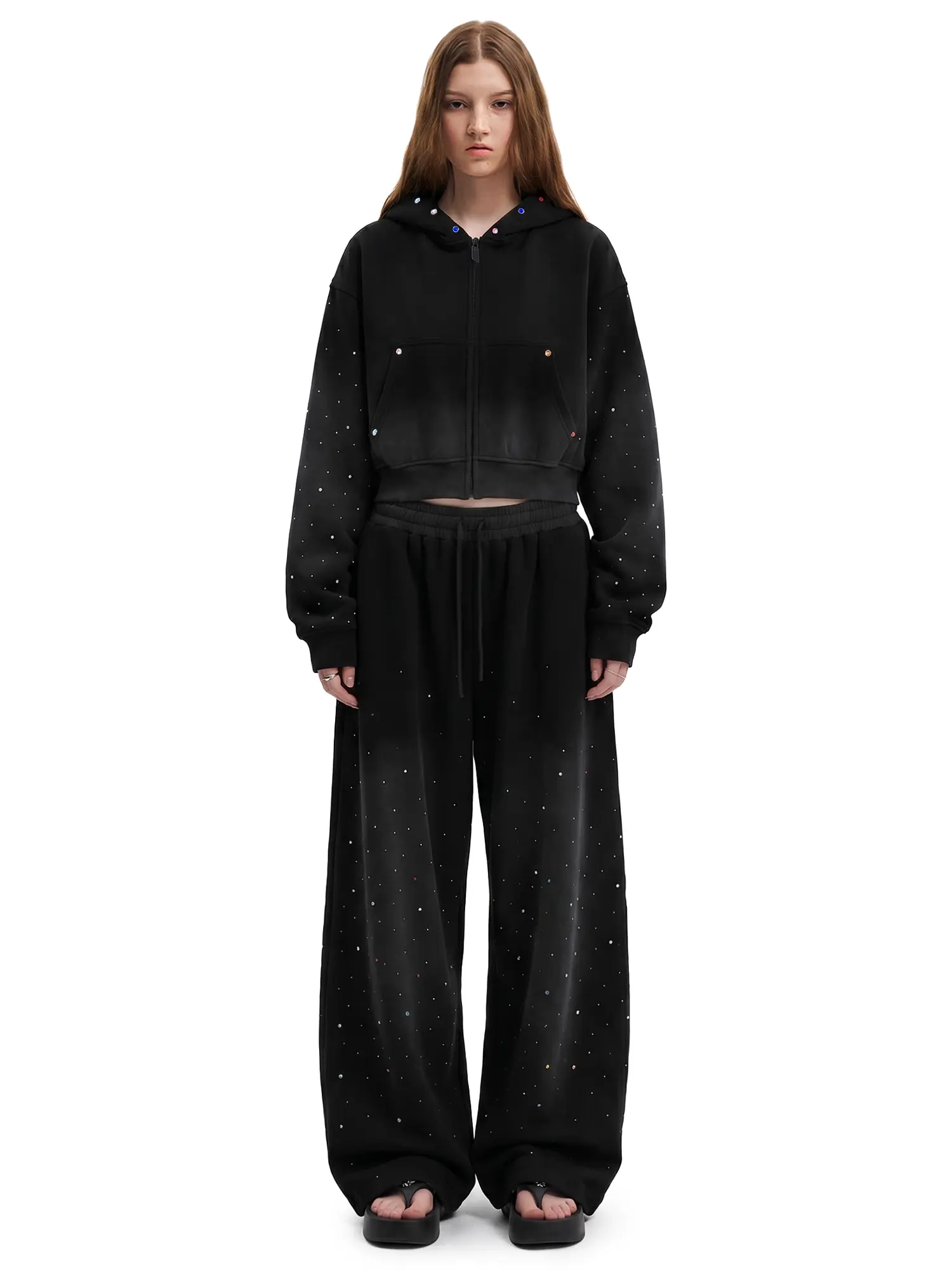FDR Colorful Rhinestone Washed Zip-Up Hoodie & Sweatpants Set for Women Premium Soft Tracksuit | Oversized Casual Cropped Pullover Two-Piece Matching Top Wide Leg Baggy Pants