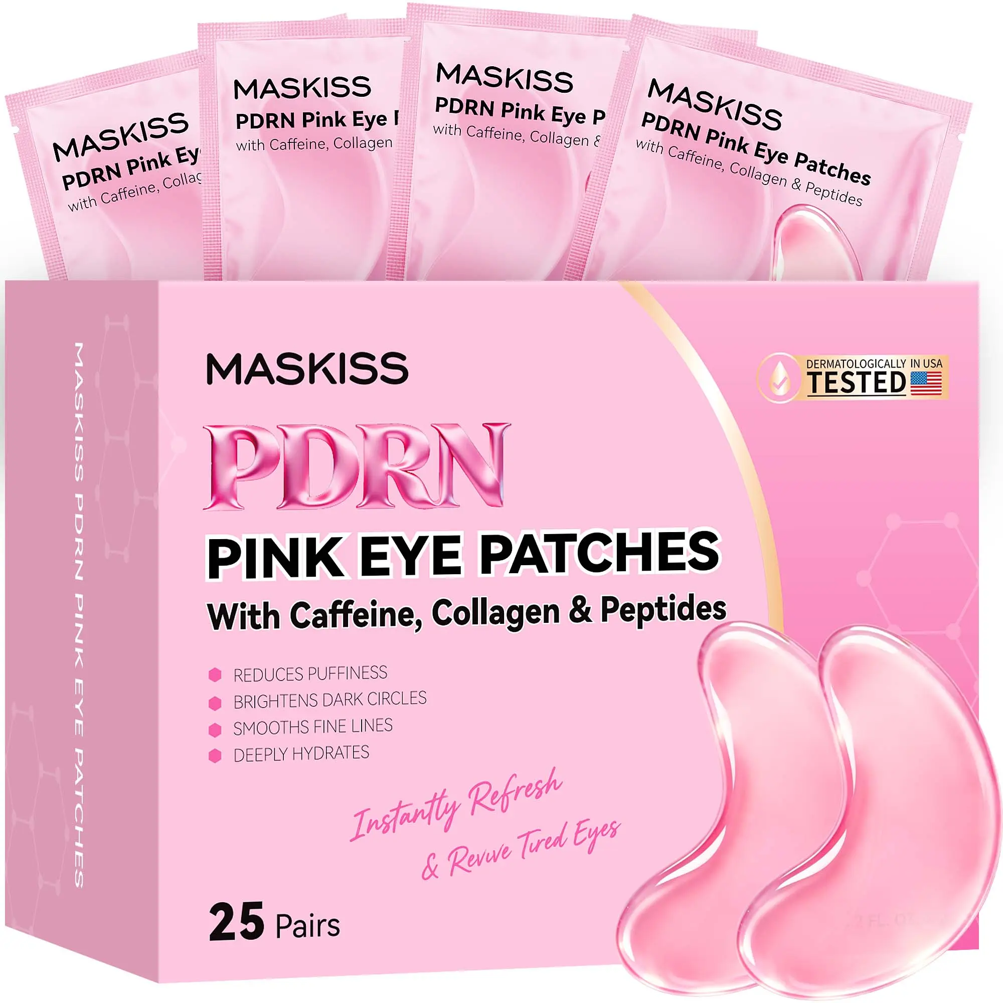 Maskiss PDRN Pink Eye Patches 25 Pairs | Under Eye Mask for Puffiness Dark Circles – Caffeine, Collagen & Peptide Formula, Instantly Refreshed