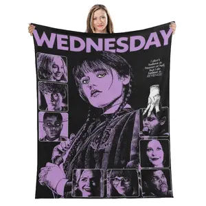 Wednesday Addams Collage Flannel Blanket Bold Purple & Black with Iconic Characters and Revenge Quote for Fans Soft and Stylish