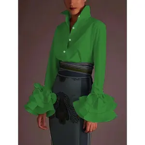 Plus-Size Women'S Elegant Commuting Shirt with a Lapel, Ruffled Multi-Layered Cuffs, And a Fitted Long Sleeve Design. Tops White  Womenswear Blouse