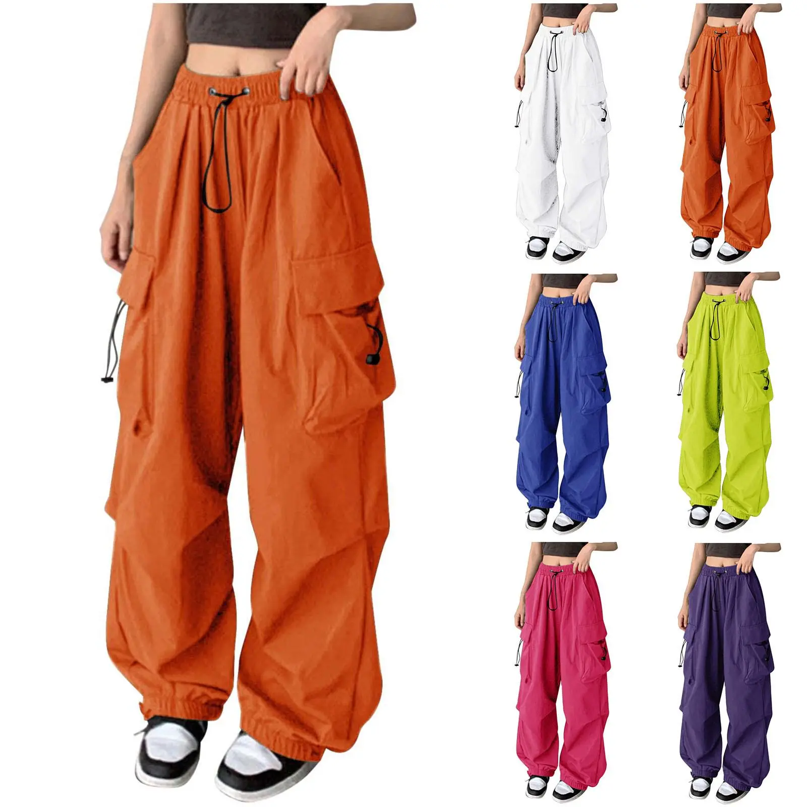Cargo Pants for Women Drawstring High Waist Hip Hop Joggers Cargo Straight Trousers Vintage Solid Casual Streetwear Baggy