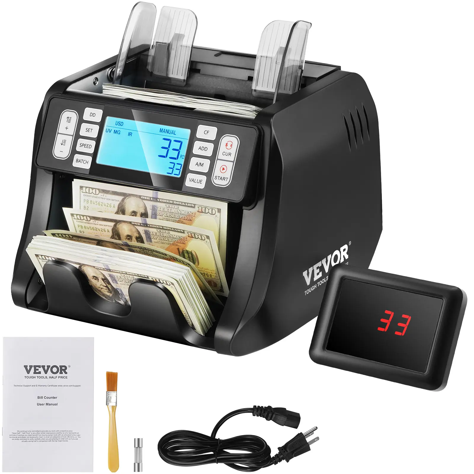 Spring New Arrival Money Counter Machine for US Restaurants, Bars & Small Businesses - 1,200 Bills Per Minute, UV, MG, IR & DD Counterfeit Detection, USD & EUR Support, Add & Batch Modes, Large LCD & External Display
