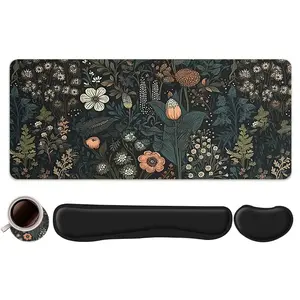4pcs Vintage Botanical Floral Design Gaming Mouse Pad + Keyboard Wrist Rest + Coaster Set, Gaming Accessory, For Desktop Decoration, Office Accessories, Home