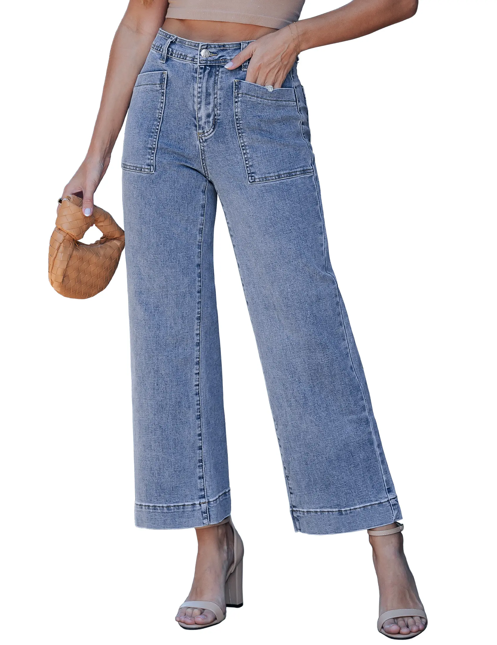 luvamia Wide Leg Jeans Woman Trendy High Waisted Patch Pocket Ankle Length Stretchy Denim Pants Casual Trouser Jeans, Fits, Lady, Button, Women, Retro, Chic, High Waisted Jeans