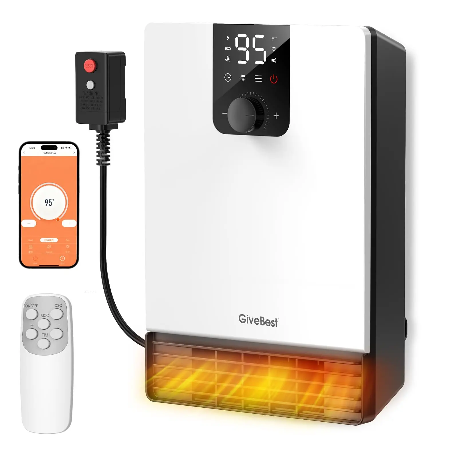 GiveBest Wall Heater for Bathroom, 1500W Fast Heating Electric Space Heater with ALCI Plug, Adjustable Thermostat, 3 Heating Modes, 24H Timer, Easy Mounted Heater for Indoor Use, Home, Office, White