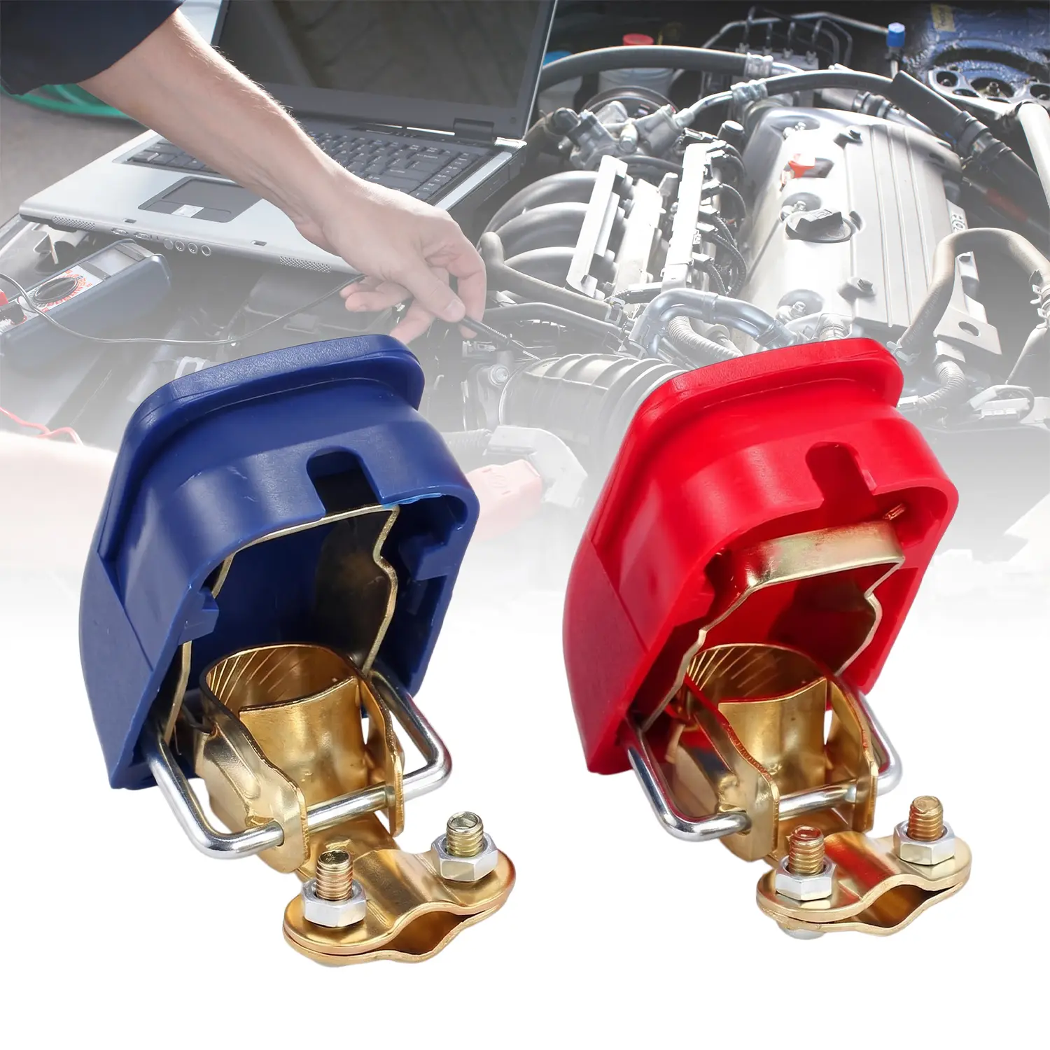 Car Battery Disconnect Switch, Quick Release Brass Battery Terminal Clamps with Red & Blue Covers, Top Post Battery Cut Off Connector for Auto Truck RV, 1 Pair