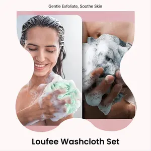 4pcs Washcloth Loofah Combo 2-in-1 Loufee Washcloth That Holds Bar Soap-Exfoliation Mesh Shower Ball for Body Wash & Smooth Skin+Free Loofah Dish Towel (White+Green+Purple)