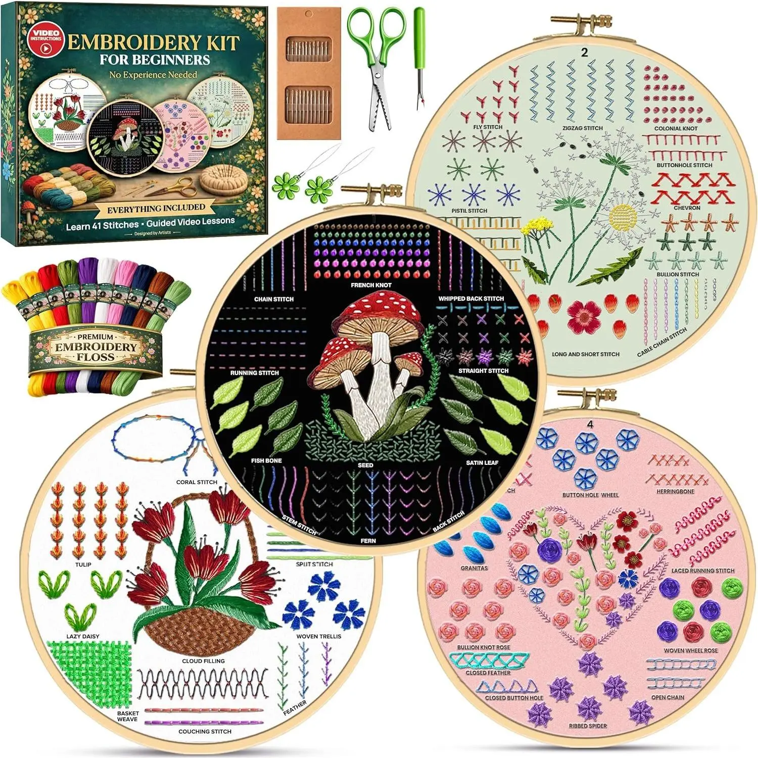 - Embroidery Kit for Beginners Adults - Learn 41 Stitches with Complete Starter Kit, 4 Pre-Printed Patterns, Threads,  & Hoop - Hand Embroidery Kit with Video Tutorials