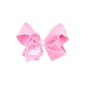 Bunny Hop Embroidered Moonstitch Hair Bow - Easter Grosgrain Ribbon Accessory for Girls