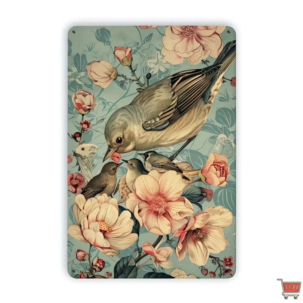 Vintage Mother Bird & Chicks Floral Metal Tin Sign - Shabby Chic Botanical Wall Decoration, Ideal for Vintage Home Decor, Room, Cottagecore-Farmhouse Plaques & Home Supplies