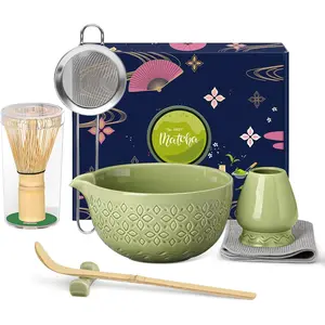Matcha Whisk Set Matcha Kit - 7 Pcs Japanese Tea Set Includes Matcha Bowl with Spout,Bamboo Whisk with Ceramic Holder,Bamboo Scoop and Rest,Sifter,Tea Towel, for Ceremony Matcha Lovers Gift,Green