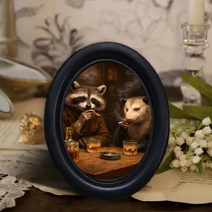 Vintage Oval Frame Raccoon Smoking Drinking Decorative Painting, American Retro Small Art Ornament, Home Entrance Desktop Decoration Hanging Vintage Prints