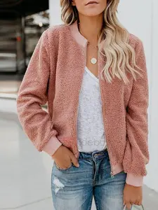 Women's Fitted Artificial Plush Round Collar Zipper Long Sleeve Casual Coat, Lady's Street-Style Outerwear Tops with Pockets