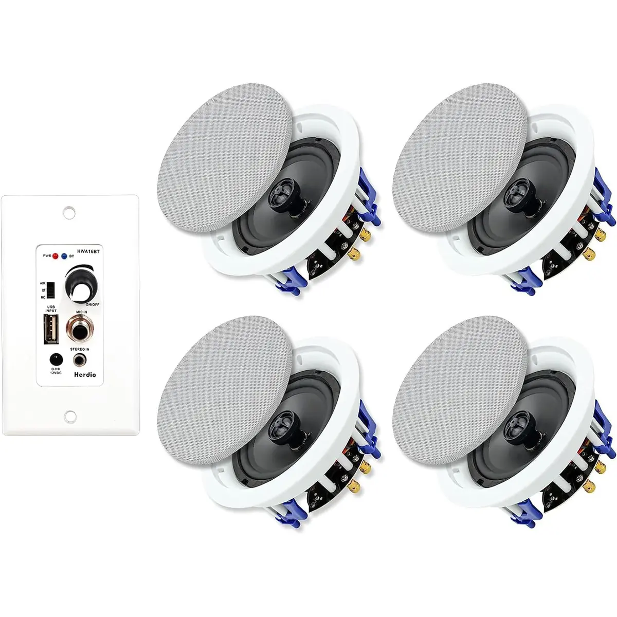 Herdio 5.25-in Wireless Bluetooth Stereo Ceiling Speaker System (4-Pack, 150W Each) with 2-Way 600W In-Wall Amplifier Receiver, USB Port, Charging, Memory Function, Mount Compatibility, Aux Input, 30ft Range, 1" Silk Dome Tweeter for Home Theater, Office,
