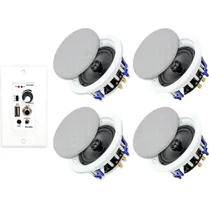 Herdio 5.25-in Wireless Bluetooth Ceiling Speakers (4-Pack) with 2-Way In-Wall 600-Watts Amplifier Receiver, USB Port, Charging Capability, Memory Function, Mount-Compatible Speaker Sound System for Home Theater, Office, Smartphone Connection