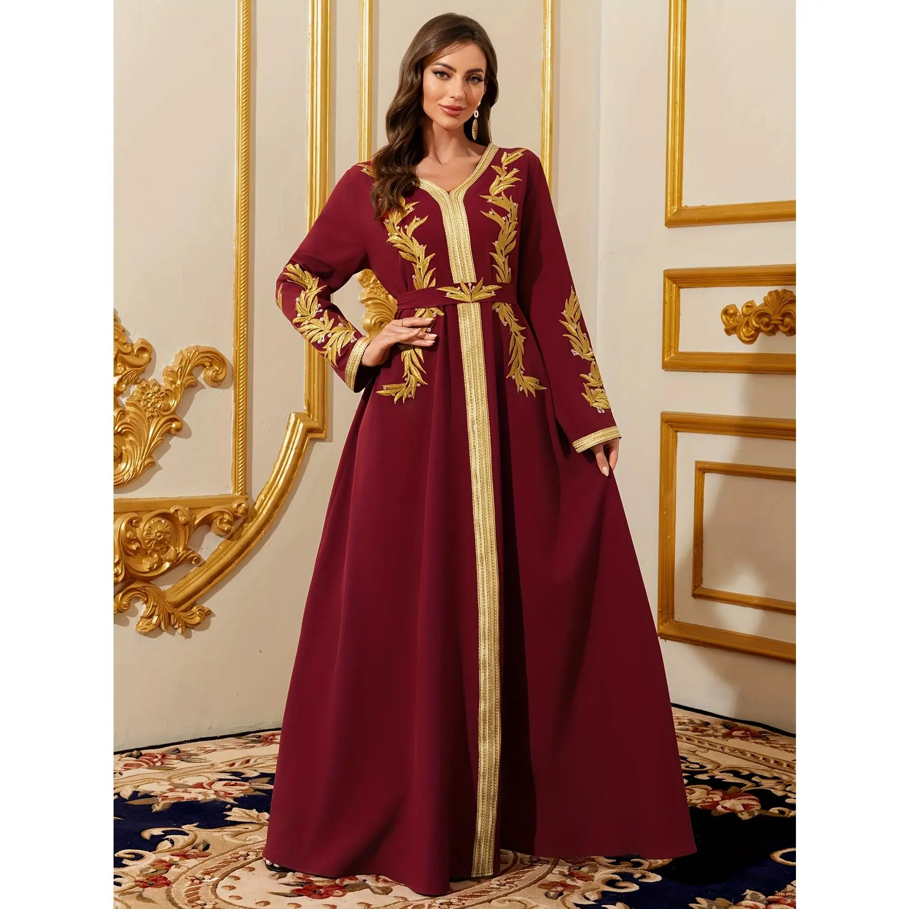 Women's Chic Islamic Polyester A-Line Abaya Gown - Burgundy V-Neck Long Sleeve Extra-Long Floor-Length Loose Traditional Robe with Golden Embroidery, Waist Belt, Elegant Embellishments, All Seasons, Dry Clean, Evening, Cultural Events