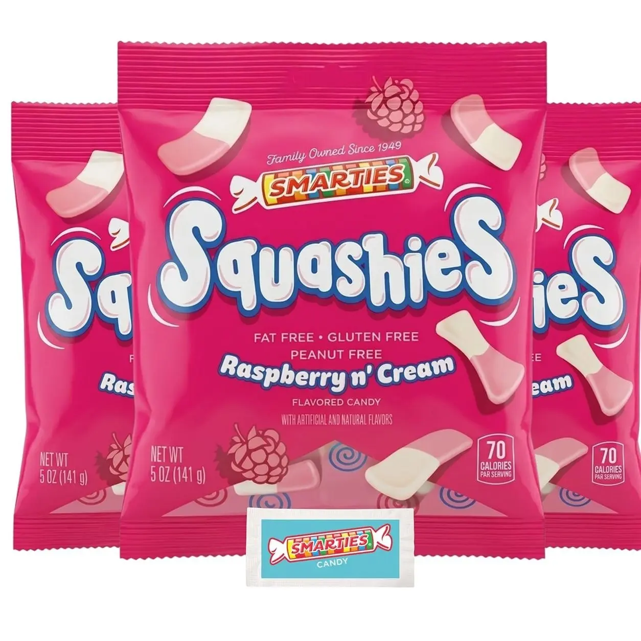 Smarties Squashies Foam Marshmallows Gummy Candies & Smarties Sample Packet Variety Pack - Raspberry & Cream Flavored - Allergen Free, Peanut Free & Gluten Free Candy - Soft & Chewy Squashies Candies - 5 oz Bag (Pack of 3)