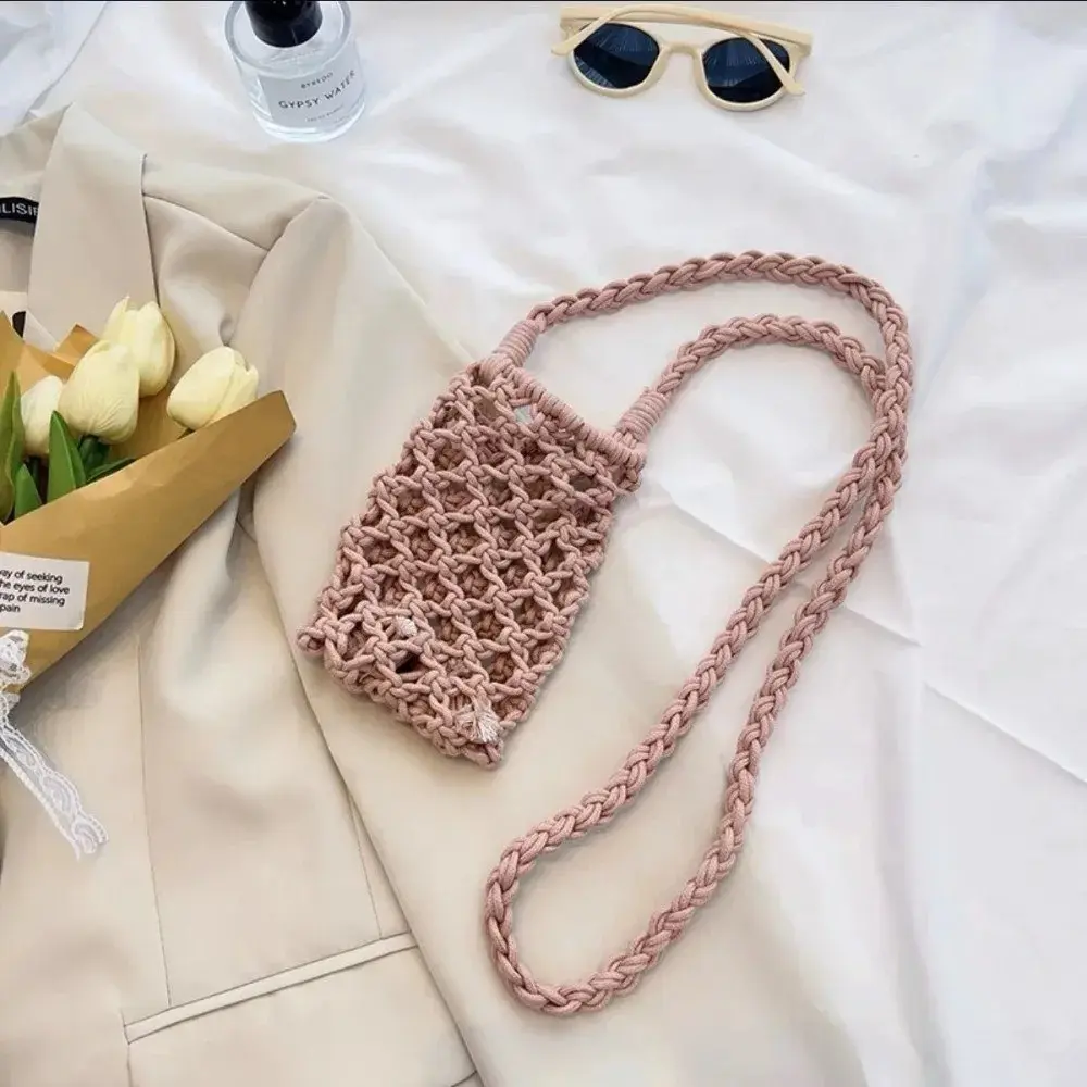 Fashion Portable Crossbody Phone Bag Hollow-out Woven Solid Color Shoulder Bags Crochet Lightweight Phone Purse Gifts