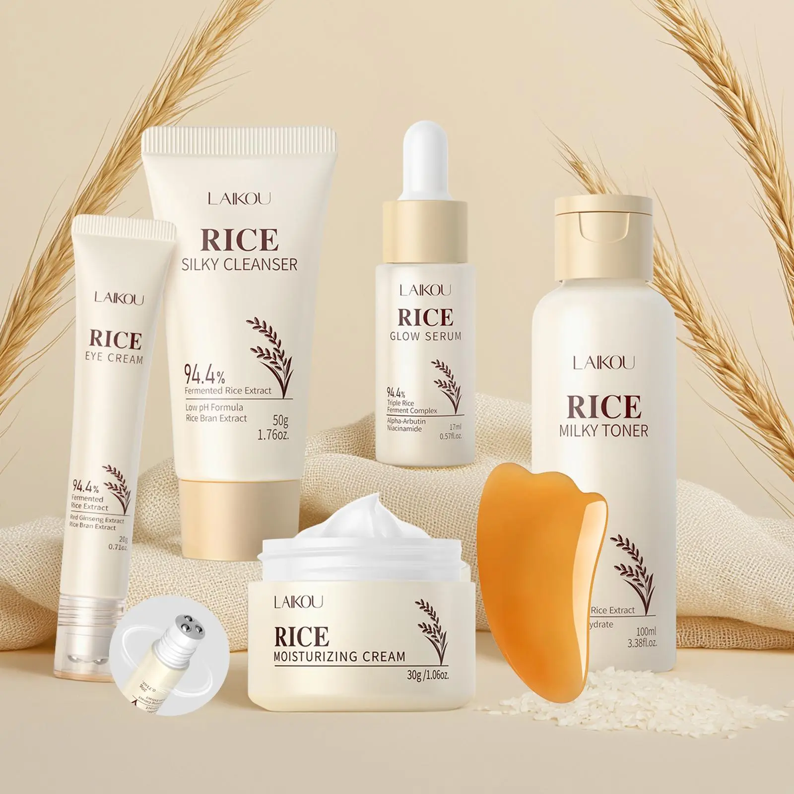 Rice Skincare Set, Skin Care Products, Facial Cleanser, Toner, Serum, Eye Cream, Moisturizer & Scraper, Hydrating Skin Care Kit for Women & Men, Glow Kit