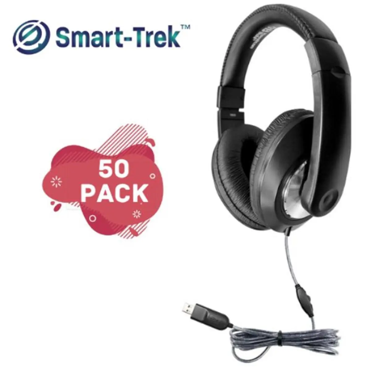 212 MAIN Smart-Trek Deluxe Headset, 50 Pack - Noise Isolating with Knot-resistant Braided Nylon Cord for Classroom Use, Durable, Stereo Headphones, Audios, 32 Ohm, Adjustable Headband