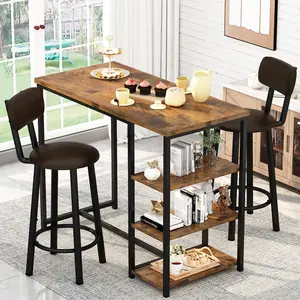 DKLGG Bar Dining Table Set for 2 with 3 Storage Shelves, Modern Bar Table and Chairs Set with 2 PU Leather Widen Backrest Chairs for Small Space