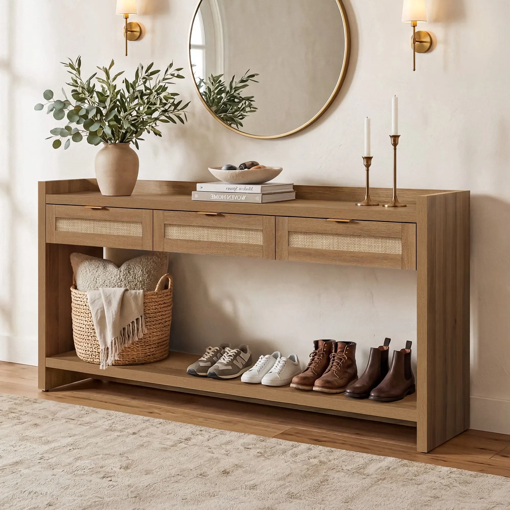 SICOTAS 60" Rattan Console Table for Entryway - Farmhouse Entry Table Sofa Table with 3 Drawers, Narrow TV Console Table with Storage for Living Room, Hallway, Couch