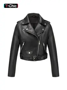 Women's Fitted PU Leather Long Sleeve Jacket, Casual Fashion Aesthetic Jacket for Daily Wear, Ladies Clothes for All Seasons, Coats, Outerwear, Womenswear