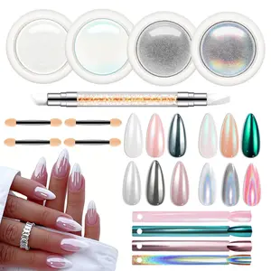 Chrome Nail Powder 4 pcs, White Pearl Nail Chrome Powder, Iridescent Aurora Glitter Mermaid Silver Metallic Mirror Holographic Effect Pearlescent Pigment Dust Kit Resin Craft