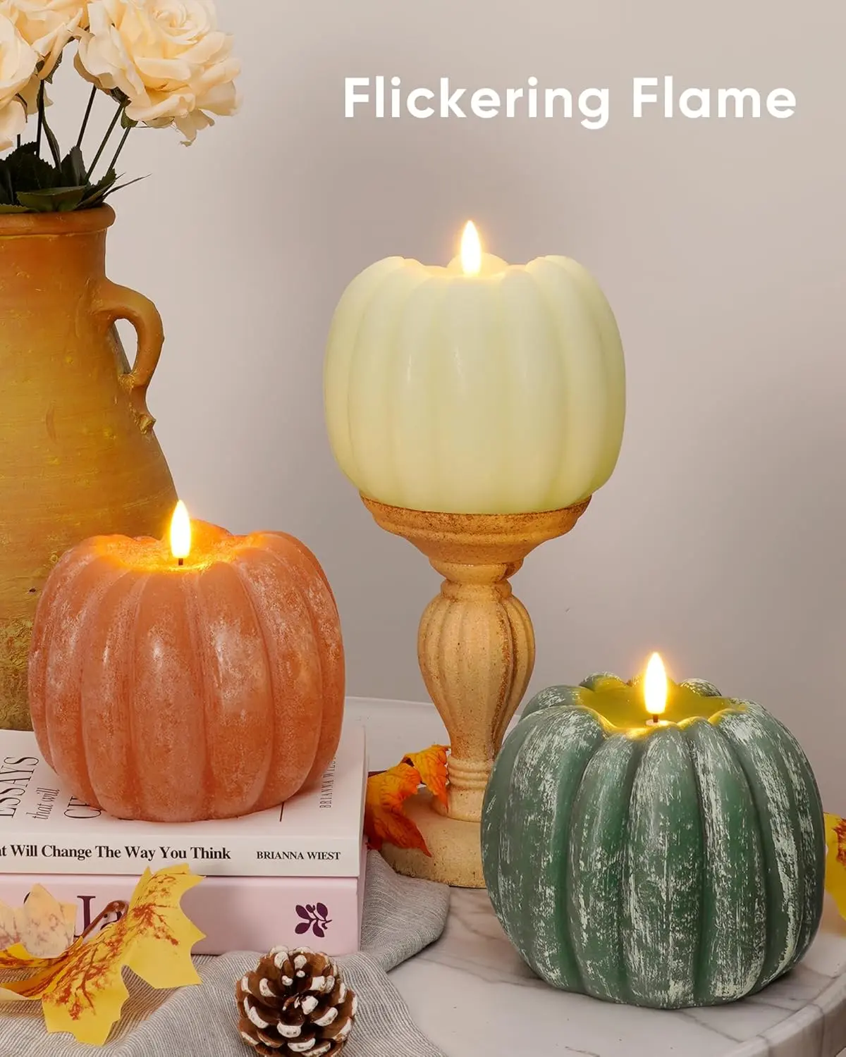 Fall Flameless Pumpkin Candles Flickering with Remote, Real Wax Led Pumpkin Shaped Candle with Timer, Fall Decor, LED Autumn Pumpkin for Home, Farm, Thanksgiving, Harvest, Centerpieces, Halloween