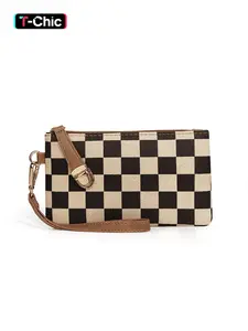 Women's Checkered Wristlet Keychain Wallet Clutch, Detachable Strap Design, Casual Style, All-Season Use, Perfect Gift for Women & Girls, Trendy Minimalist Purse
