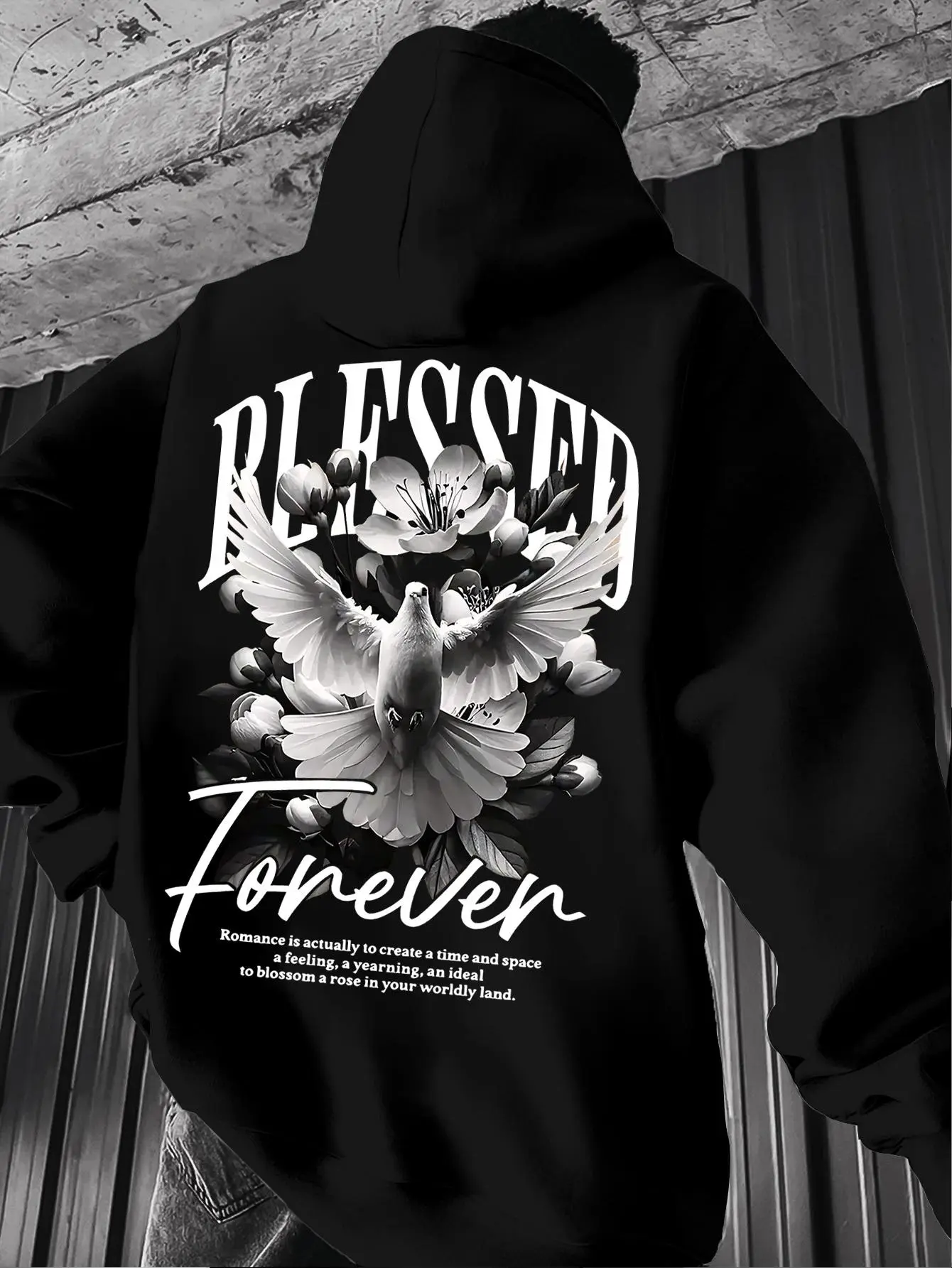 Men's Natural-Themed Poetry Print Hooded Sweatshirt - Casual Solid Color Sweater with Literary Text Design