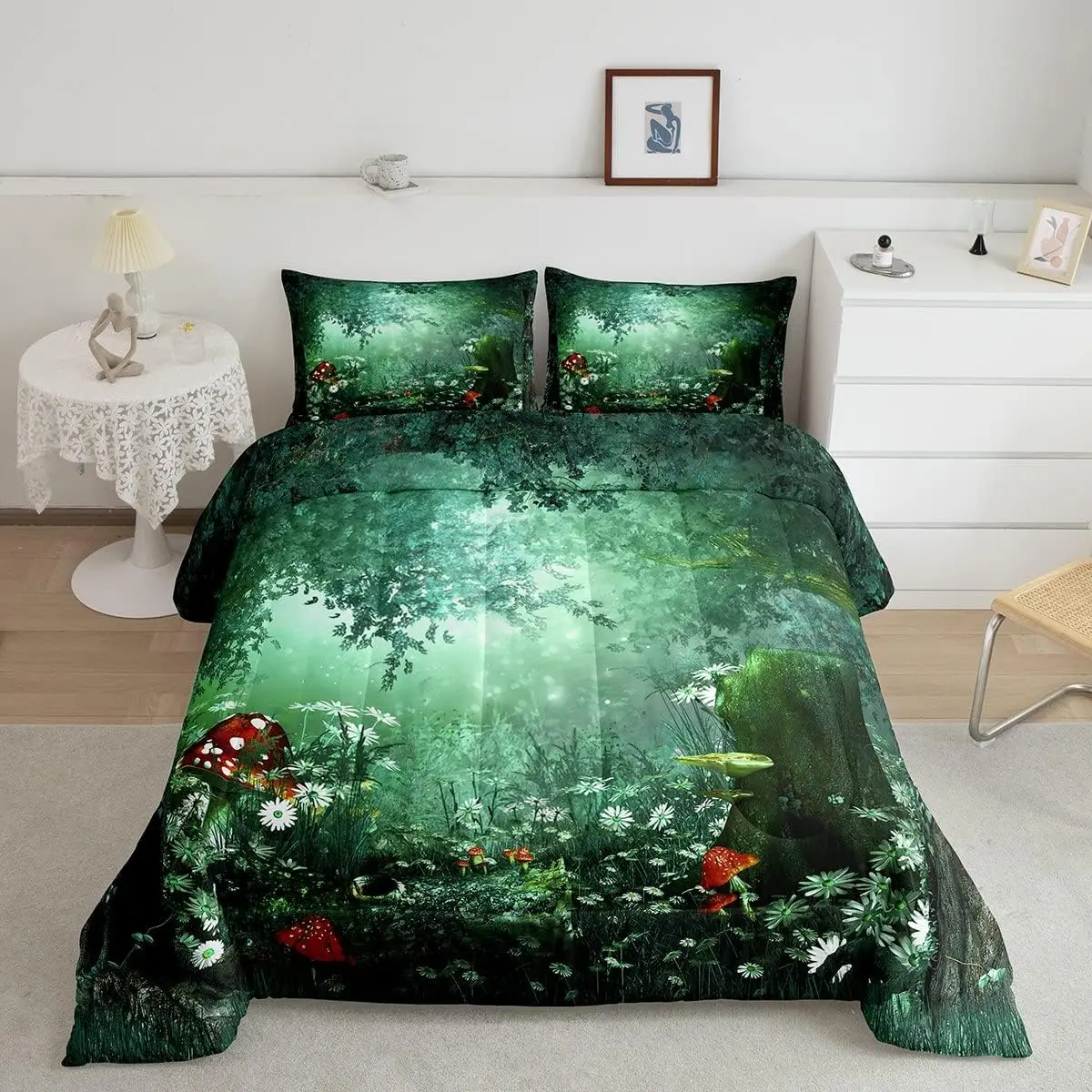 Feelyou Magical Microfiber Duvet Set - Women's Cute Soft Warm Quilted Breathable Decorative Bedding Set with Mushroom, Daisy Leaves, Branches & Sunset Nature Design for Bedroom Decor, Breathable Duvet Set