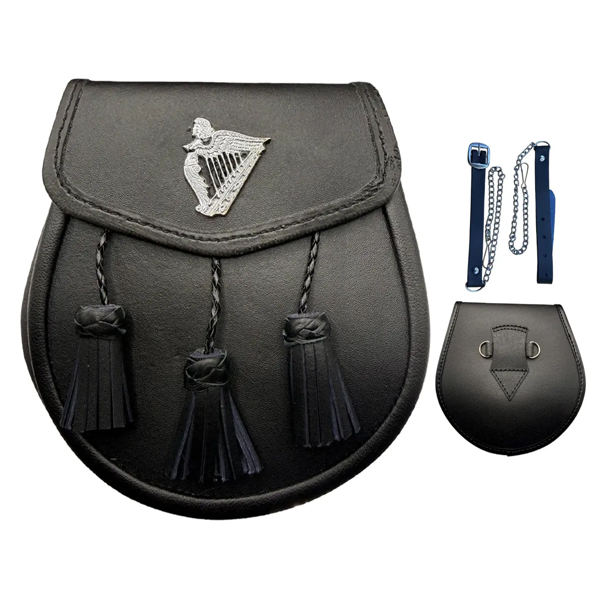 Men's Scottish Black Leather Sporran - 3 Tassels, Harp Badge, Waist Chains, Fashionable Kilt Accessory with Money Back Guarantee