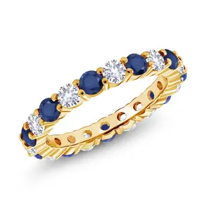 1.30 Cttw Round Blue Sapphire and White Created Sapphire Eternity Band Ring | 18K Yellow Gold Plated Silver | Wedding Engagement Anniversary Promise Ring For Women