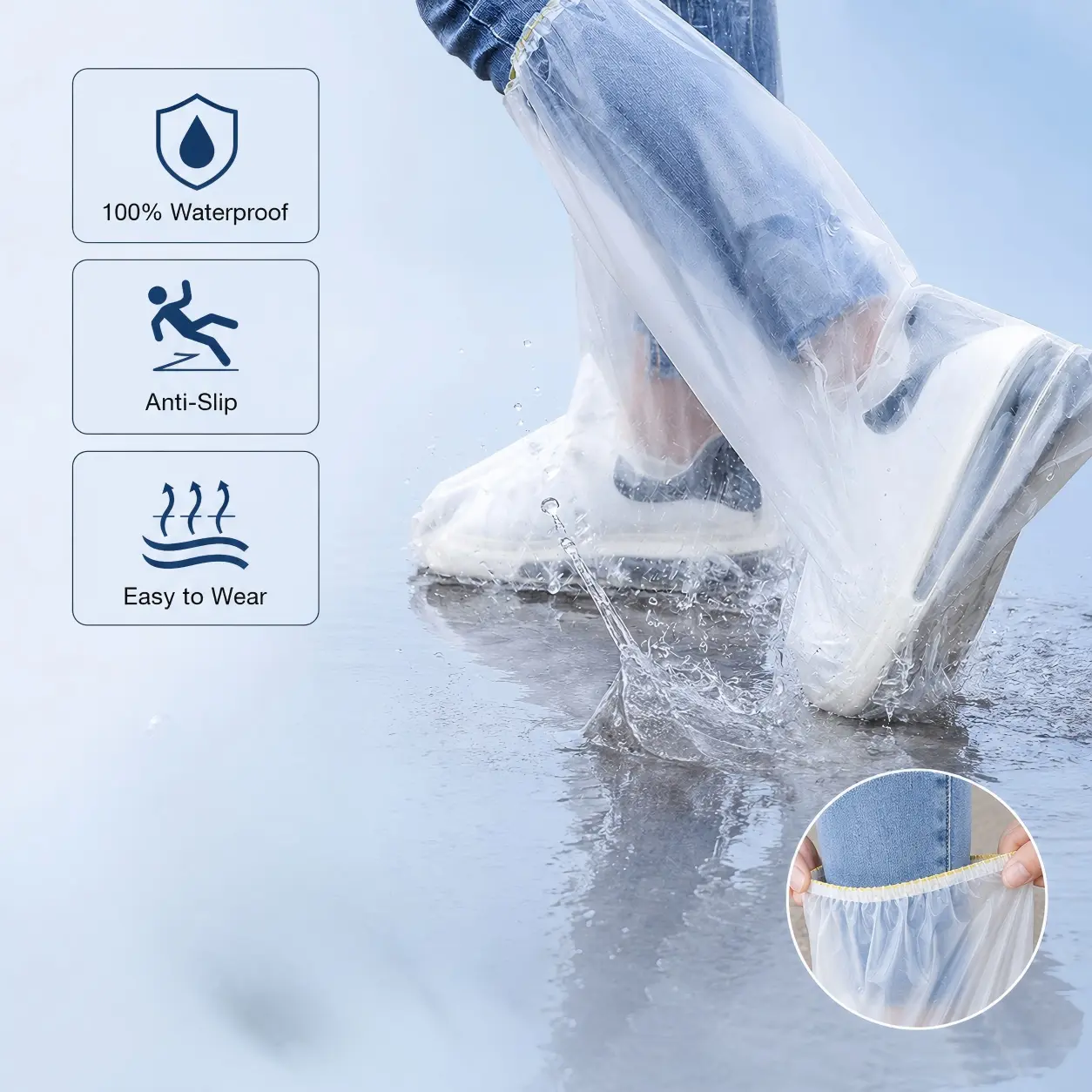 5 Pairs, disposable thickened waterproof rain shoe covers with elastic drawstring, suitable for various outdoor rainy scenarios including travel, cycling and rafting