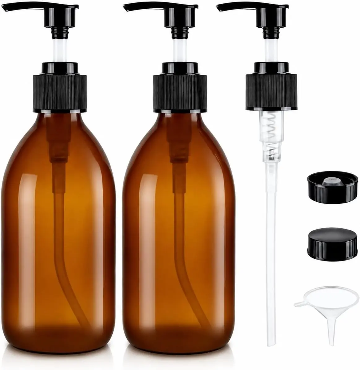 8 oz Amber Glass Pump Bottle, 250ml Glass Soap Dispenser Bottle for Body Lotion Massage Oil, Refillable Empty Hand and Dish Soap Dispensers Set with Labels - 2 Pack