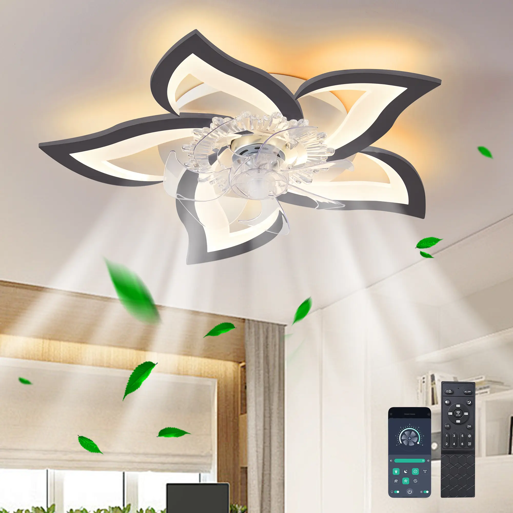 Flower Ceiling Fans with Lights, Small 24.5 Inch Modern Low Profile Ceiling Fan, Dimmable LED Ceiling Light Fixture, Flush Mount Ceiling Fans with Remote for Bedroom, Kitchen, Indoor-Black