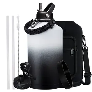 1 Gallon Insulated Water Bottle - with Straw & Auto Chug Lid, Paracord Handle, Bottle Sleeve, 128 64 40 32 oz Stainless Steel Water Bottle, Large Metal Gallon Water Jug Canteen for Sport Work