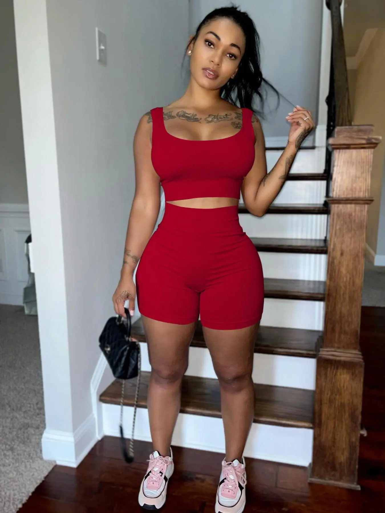 USBOUTIQUECHIC Women's Ribbed Cropped Top & Shorts Set 250GSM Knit Two-Piece Outfit Casual Spring Summer Wear Soft Stretch Breathable