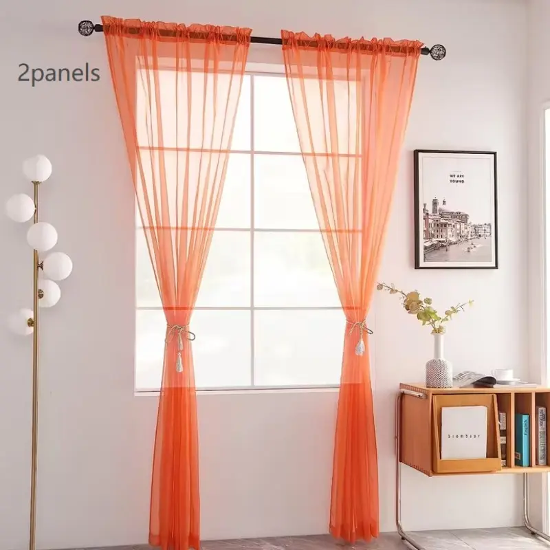 2pcs-Piece Plain Color Sheer Curtain Panels, Glass Window Curtains, Light-Transmitting Drapes, Ready-To-Hang, Reusable, Home Decoration Curtain