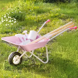 ROBUD Kids Wheelbarrow with Gardening Set, Metal Toddler Wheelbarrow with Shovel, Hoe, Broom & Gloves, Kid Gardening Set for Kid to be Closer to Nature