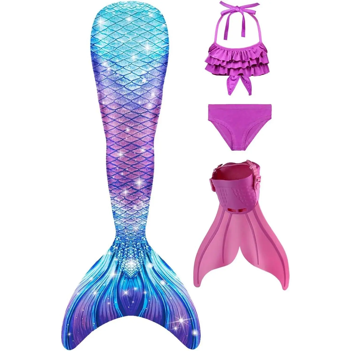 Girls Mermaid Bikini Set, Kids 4 Piece Bathing Suit with Safe Mermaid Monofin, Little Girl Mermaid Tail Cosplay Swimming Costume for Pool Beach
