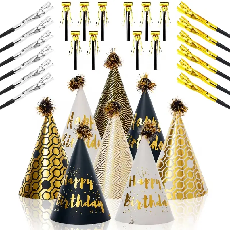 Shiny Premium Golden Paper Party Hat Kit - 30-Pack Fashion Accessory Set, 8 Cone Hats & 22 Noisemakers, Durable Cardstock, Comfortable for Photo Indoor/Outdoor Events