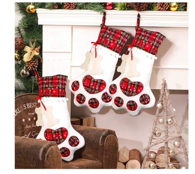 Pet Dog Christmas Stocking with Large Paw, Plaid Design for Festive Decorations, 18 x 11 Inches, Red Gift Friend